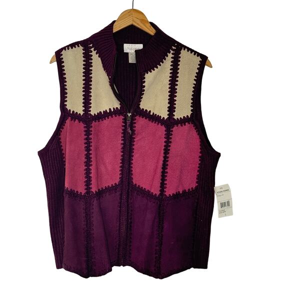 Studio Works Vest Womens Large Purple Leather Knit Patchwork 70s Vintage Hipster - Picture 1 of 5